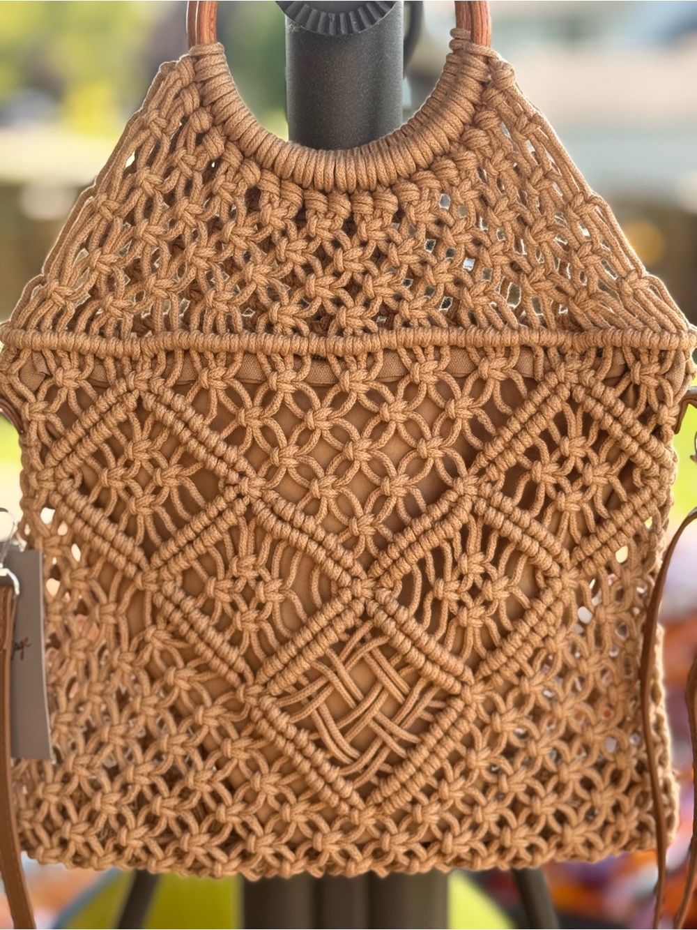 Crown Vintage Boho Macrame Tote Bag Wood Handles Crossbody Beach Resort NWT - Picture 1 of 12